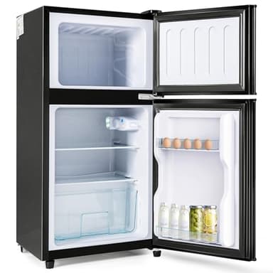 Ymkua Frigorifero Combinato 60 L (22+38), Frigorifero Piccolo, Mini Frigo Bar con LED Interna e Ripiani Rimovibili, 86,8x45,5 cm Frigo Da Camera, Freezer Separato Doppia Porta, 102 kWh/anno (Nero)