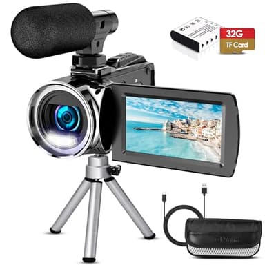 Videocamera, 4K, 36 MP, per fotocamera digitale YouTube 30 FPS, schermo IPS girevole a 270°, con zoom digitale 18x, treppiede, 32G SD & batterie