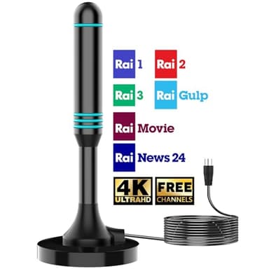 Antenna TV Interna con Ricezione a 360° – Compatibile 4K UHD/Full HD – Cavo Coassiale 5M – Antenna Digitale Terrestre per Smart TV, Senza Abbonamento
