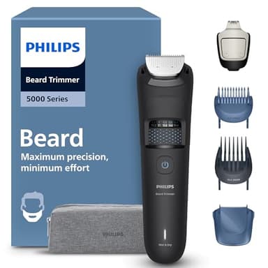 Regolabarba Philips serie 5000 - Lame in metallo autoaffilanti, 40 impostazioni di lunghezza, tecnologia BeardSense, raccoglitore per peli, 100% impermeabile, custodia da viaggio, modello BT5765/15