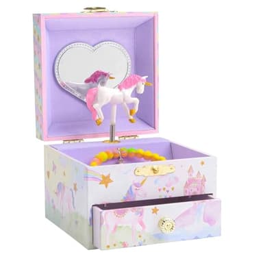 Jewelkeeper Portagioie Musicale per Bambina con Unicorno Girevole, Arcobaleno Glitterato - Cassetto Estraibile