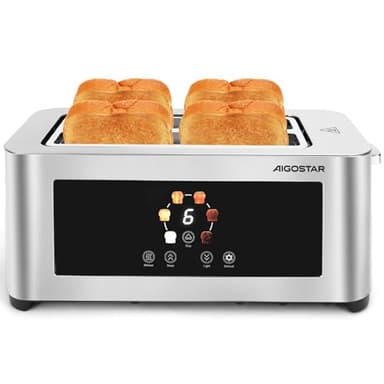 Aigostar Tostapane 4 Fette, LED Touchscreen, Fessure Extra Larghe da 4cm e Centratura Automatica, 6 Livelli di Tostatura, Funzioni Riscaldamento/Scongelamento/Stop, 1400W, Acciaio Inox Spazzolato