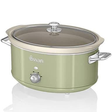 Swan Retro SF17031GNEU Pentola Cottura Lenta 6,5L Contenitore Estraibile, Antiaderente Ceramica Libera PFOA e PTFE, 3 Livelli Temperatura, Coperchio Vetro, Slow Cooker Design Vintage, Verde, 320W