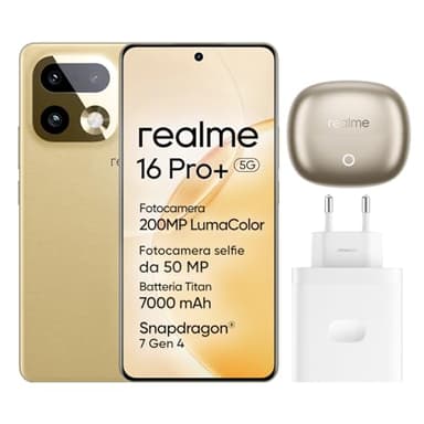 realme 16 Pro+ 5G Smartphone, 8GB+256GB, Display Curvo AMOLED 144Hz 6,8", Batteria 7000mAh, Fotocamera 200MP OIS, IP69K, Ricarica Rapida 80W, Doppia SIM, Next AI, Oro (Con Adattatore)