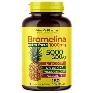 Bromelina Forte Drenante 5000 Gdu 180 Cpr 1000mg Alto Dosaggio Integratore Drenante Forte Gambe Bromelina Strong Favorisce Microcircolo e Digestione Sgonfia Pancia e Addome Donna Vegan, Senza Glutine