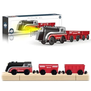 DxxD Trenino Elettrico per Bambini, Locomotiva ad Azione a Batteria con Suono e Luce, Trenino Legno Giocattolo, Treno compatibile con Thomas Brio, Giocattolo Regali per Bambino Ragazze Ragazzi 3+ Anni