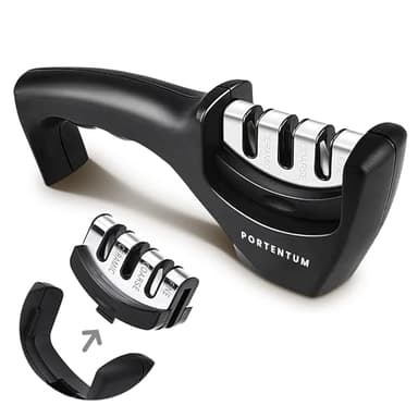 PORTENTUM Affilacoltelli professionale manuale per coltelli da cucina a 3 fasi - design ergonomico con finitura nera/cromata