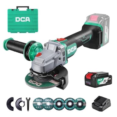DCA Smerigliatrice Angolare a Batteria Brushless 20V, Ø125mm, incl. Batteria 4.0Ah & Caricabatterie Rapido, 8500 giri/min. con Coperchio a Sgancio Rapido, 6 Dischi per Taglio, Smerigliatura