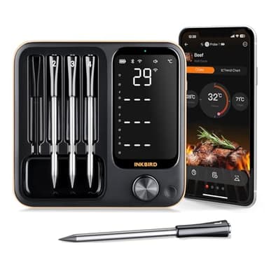 INKBIRD Termometro Carne Wireless con 4 Sonde per Forno,Cucina, Barbecue,Termometro BBQ con APP INT-14-BW,WiFi e Bluetooth,Impermeabile,Istruzioni in italiano