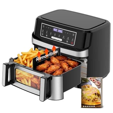 Friggitrice ad Aria 12L | Friggitrice Aria XXL Modalità Flessibile 1 o 2 Zone, 2600W Doppia Resistenza Controllo Indipendente Finestra & Luce Interna, Air Fryer Grande 8-in-1 Touch Control Ricettario