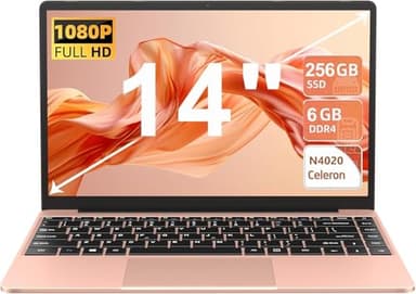 PC Portatile Win11 Pro Computer Portatile Notebook 14 Pollici 6+256GB SSD Expansion 1TB, 5000mAh Laptop Celeron N4020 fino a 2.8GHz, 5G WiFi BT4.2 Supporto Mouse Wireless & Protezione Tastiera-Oro
