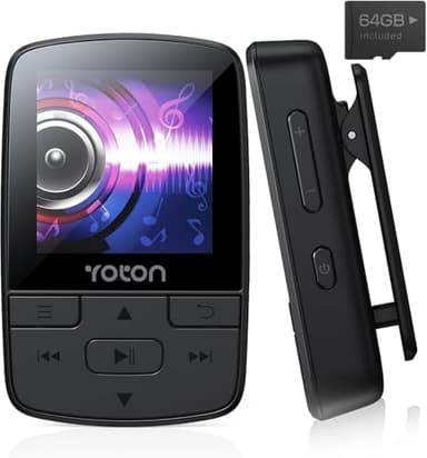 Lettore MP3 Bluetooth 5.2, Musicale Sportivo Portatile da 64 GB, con Clip, Audio HiFi di Alta Qualità, Volume Indipendente, Radio FM, con Auricolare, Supporta fino a 128 GB, Nero