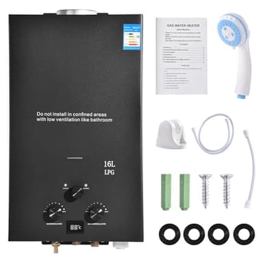 Scaldacqua istantanea a gas da 16 l, 32 KW, GPL propano, super bassa pressione dell'acqua di avviamento, per doccia e uso quotidiano, gite in campeggio (nero, 16-LPG)