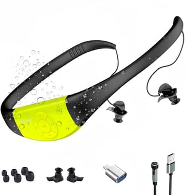 Tayogo Cuffie Subacquee MP3, Lettore MP3 Impermeabile IPX8, 8GB Memoria, 20 Ore di Durata della Batteria, Ricarica Magnetica, Modalità MP3/FM per Nuoto e Sport