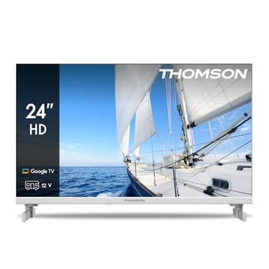 Thomson 24 Pollici (60 cm) HD Bianco 12V Google TV Camping, Wi-Fi, Dolby Audio, HDR10, Bluetooth 5.1, Triple-Tuner (Cavo/Satellite/Antenna), HDMI, CI+, A+ Pannello - 24HG2S14CW