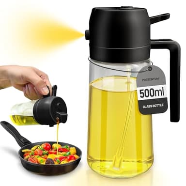 PORTENTUM Spruzzino Olio per Friggitrice Aria 500ml 2 in 1, Dosatore Bottiglia e Oliera Spruzzino olio, Accessori friggitrice ad aria nebulizzatore per Alimenti e Spruzzatore (Nero)
