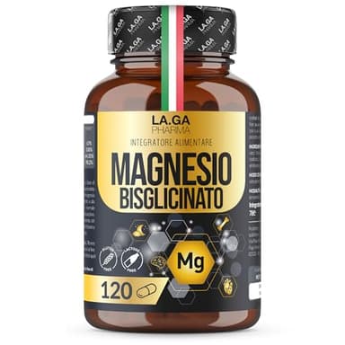 MAGNESIO BISGLICINATO (Fornitura Fino a 4 Mesi), Magnesio Completo 120 Capsule con Vitamine B5, B6 e B1. Integratore Stanchezza e Stress. Senza Glutine e Senza Lattosio, Made In Italy. LAGA PHARMA