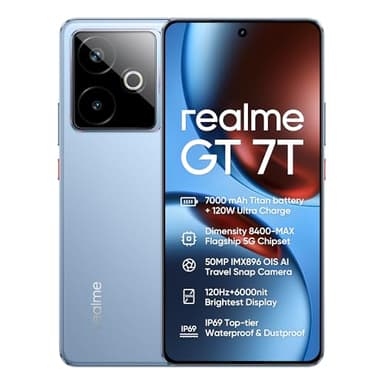realme GT 7T 5G Smartphone 12+256GB, Azul IceSense, Schermo da 6.8 pollici, Refresco a 120Hz, Ricarica Rapida 120W, Batteria da 7000mAh, Fotocamera AI da 58MP, Chipset MediaTek Dimensity 8400, IP68