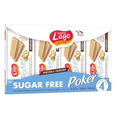 Lago 1968, Poker Nocciola Sugar Free 4x45g, Wafer con Vellutata Crema alla Nocciola 74%, 3 Strati Friabili di Wafer Senza Zuccheri, Ideali per Dieta Ipocalorica