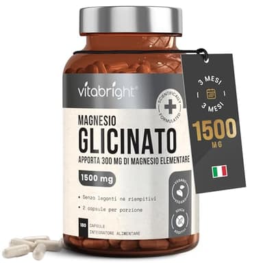 Magnesio Bisglicinato Capsule | 300 mg Elementare | 180 Capsule - 3 Mesi | 1500 mg Polvere Tamponata per Dose | Magnesio Glicinato | Integratore Puro per Uomo e Donna | VitaBright