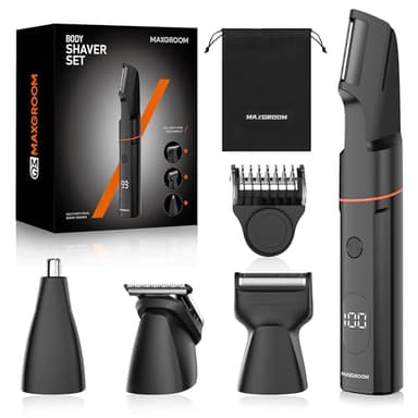 MAXGROOM 4 in 1 Rasoio Elettrico Corpo Uomo Kit, Rasoio Parti Intime Uomo IPX6 Uso Umido e Secco, Depilatore Corpo Ricarica di USB C (Nero, M)