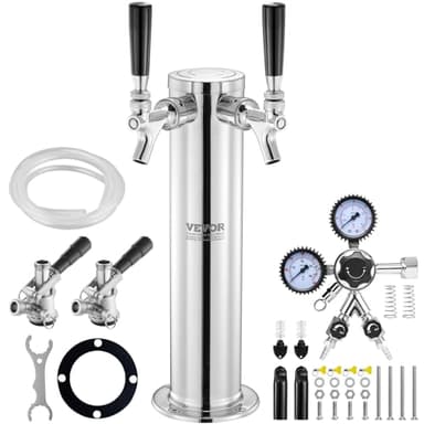 VEVOR Kit Spillatore per Birra a Doppio Rubinetto, Dispenser Torre Birra per Fusti in Acciaio Inox con Regolatore W21.8 Doppio Manometro Accoppiatore Fusti S-System, Vassoio Gocciolamento