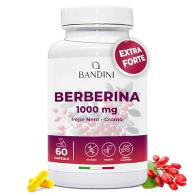 Bandini® Berberina 1000mg pura alto dosaggio | Pura Berberina HCl da Berberis Aristata al 97% + Cromo e Pepe Nero | Massimo assorbimento | Funzione digestiva, epatica, intestinale | 60 capsule vegane