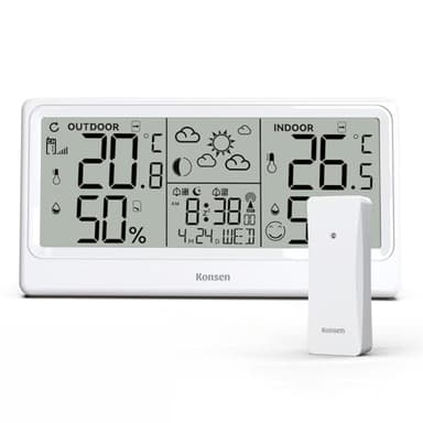 Konsen Stazione meteo radio con sensore esterno, orologio radio DCF, termometro digitale, igrometro alimentato a batteria, per interni ed esterni, con previsioni meteo, bianco
