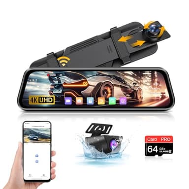 4K Dash Cam Specchietto【WiFi】10'' IPS Schermo Tattile Specchietto Retrovisore Auto con Telecamera Scheda SD 64G Dash Cam Auto Specchietto Assistenza al Parcheggio con WDR Sensore G Registrazione Loop