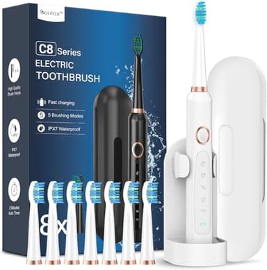 Spazzolino Elettrico Spazzolini Elettrici - Coulax Sonico Spazzolino da Denti Elettrico Spazzolino da Viaggio Ricaricabile Denti Ricaricabile con 8 Testine, Custodia, 5 Modalità Bianco Brillante
