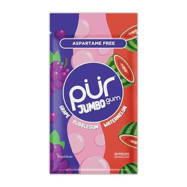PUR Jumbo Gum | Gomme da Masticare Senza Aspartame | Con Xilitolo | Gusto Naturale Bubblegum, Grape, Watermelon, 20 Pezzi (Confezione da 1)