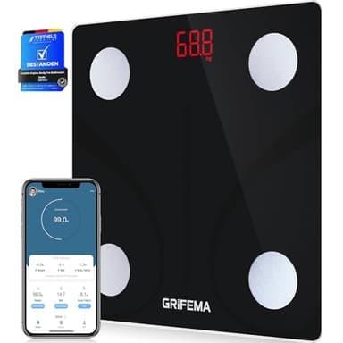 GRIFEMA Bilancia con app, digitale Bluetooth, personale con analisi massa muscolare e del grasso corporeo, per BMI, proteine, nera[Esclusiva Amazon]