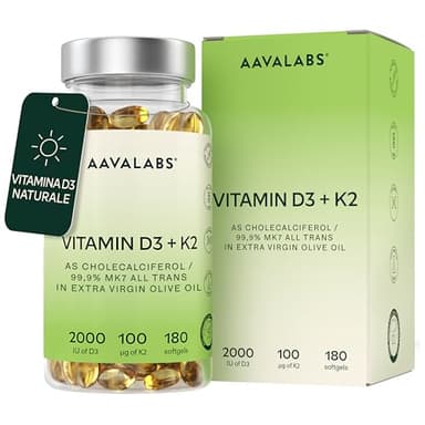 Vitamina D3 K2 Alto Assorbimento Olio Extravergine d'Oliva - Vitamina D3 2000 UI + Vitamina K2 MK7 100 μg - Vitamina D 2000 UI e Vitamina K - 180 Capsule