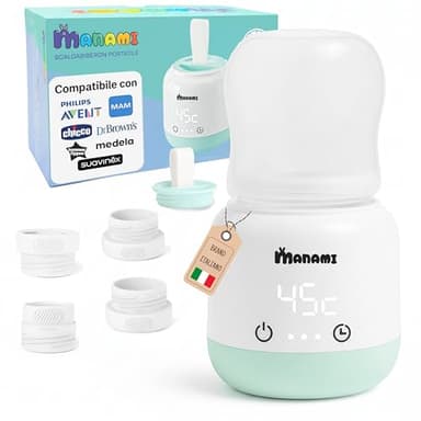 Scaldabiberon Portatile per Neonato e Viaggio MANAMI® – Senza Fili, USB Ricaricabile 10.000 mAh – Riscalda in 2 Minuti, Timer 6 Impostazioni e Mantenimento Calore – Compatibilità Universale