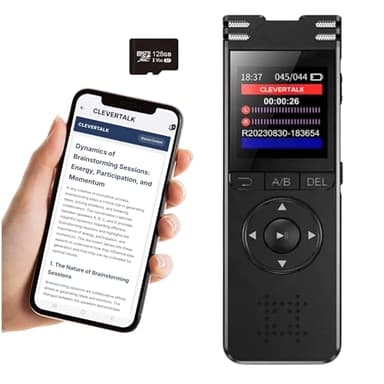 CleverTalk Registratore Vocale Mini con IA, 128GB, Registratore Professionale HD PCM 1536kbps, Attivazione Vocale, Doppio Microfono Riduzione Rumore, Trascrizione e Traduzione 50+ Lingue, USB-C