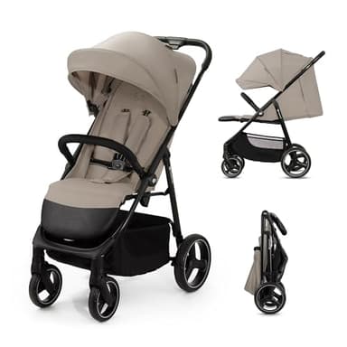 Kinderkraft TRIG 3 Passeggino Leggero, Pieghevole, Posizione Distesa, Posizione Reclinata, Sospensione 4 Ruote, Cinture di sicurezza a 5 punti, Bambini, Fino a 22 kg, Beige