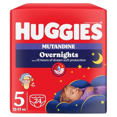 Huggies Overnight Pannolini Notte Bambino, Taglia 5 (12-17 Kg), Pannolini Assorbenti per la Notte, Design Disney, Confezione da 24 mutandine