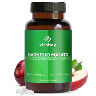 Vitabay Magnesio Malato 1000 mg ad alto dosaggio – 180 compresse vegane – metabolismo energetico, stanchezza & funzione muscolare – testato in laboratorio in Germania – senza additivi – scorta 6 mesi