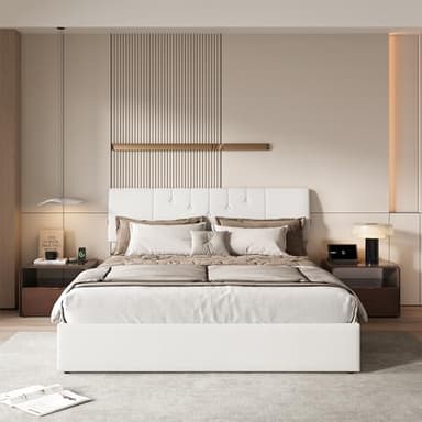 UnboxGermany Letto matrimoniale 140 x 190 cm con contenitore idraulico, testiera con porte USB, telaio robusto e confortevole, letto cassettiera elegante e funzionale, ricciolo, crema