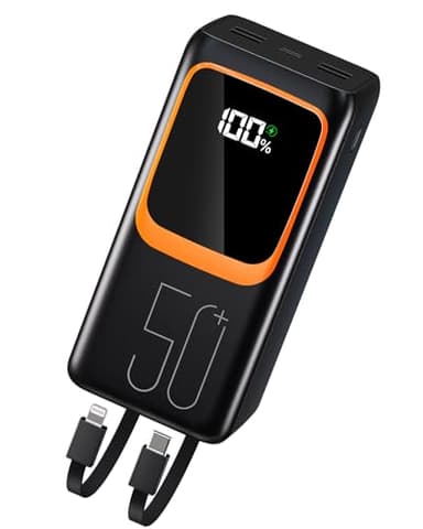 50000 mAh Power Bank con cavo integrato: batteria esterna a ricarica rapida da 22,5 W con grande capacità, caricabatterie portatile con torcia LED e 7 uscite e 3 ingressi-Nero MP3 6GB