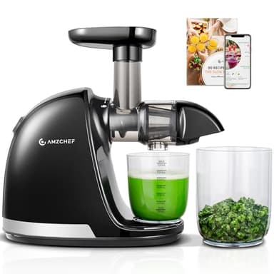 AMZCHEF Estrattore Frutta e Verdura - Estrattore a Freddo Pofessionale - Masticazione Delicata Non C'è Bisogno Di Filtrare - Estrattore Di Succo Senza BPA con Due Tazze e Pennello - Nero Opaco
