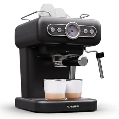 Klarstein - Macchina per espresso con montalatte, mini macchina per caffè espresso da 1,2 litri con portafiltro, piccola macchina del caffè da 950 Watt, acciaio inox