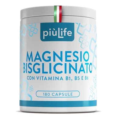 Magnesio Bisglicinato Capsule PiùLife, 300mg Con Vitamina B6, B1, B5, Organico – come Integratore Magnesio Glicinato ad Alta Biodisponibilità – Muscoli, Ossa, Sistema Nervoso, Stress e Stanchezza
