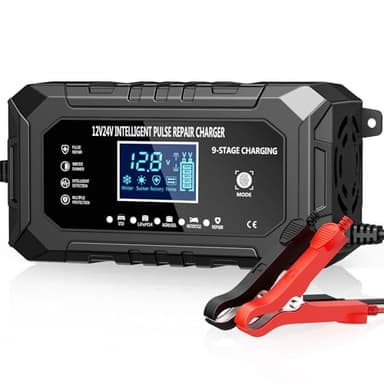 Husgw 15A Caricabatterie per Auto, Carica Portatile Batteria Auto LiFePO4 da 12V/24V, Caricabatteria di Mantenimento Iintelligente 9 Livelli, Protezioni Multiple,Adatto Auto, Camion, Motociclette(15A)