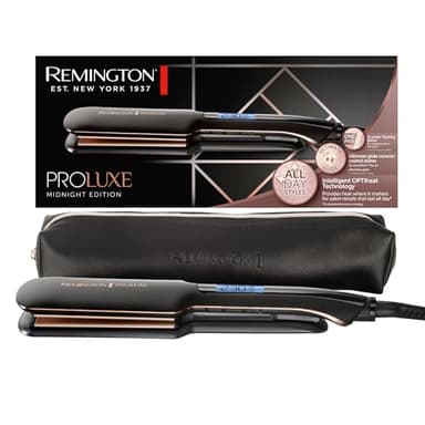 Remington Piastra Capelli Proluxe Midnight Wide Plate, Piastre in ceramica Ultimate Glide, 9 impostazioni di Temp. 150-230°C,Tecnologia intelligente OPTIheat, S9150B