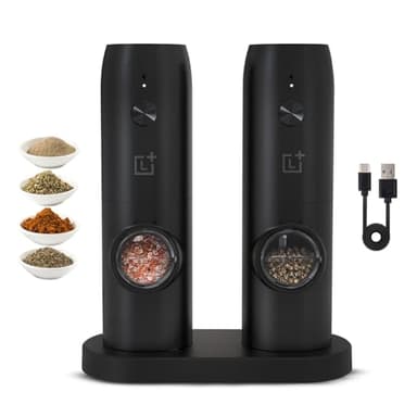 LEVADA PLUS Macinino elettrico per sale e pepe, ricaricabile, con base di ricarica e supporto, per spezie essiccate, grana regolabile, con luce a LED, confezione da 2