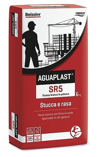 AGUAPLAST SR5 Ruvido Bianco – Stucco Rasante Fibrato per Esterni/Interni, Finitura Ruvida Simile Intonaco, Riempimento Crepe e Fori fino a 30 mm, Formato da 6kg
