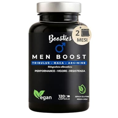Men boost, Pre-workout, Maca Extra Forte, Tribulus terrestris, Arginina, Citrullina, Zinco, Vitamin B12, Rame, Selenio, Performance sportive e maschili, Resistenza, Viguore, Energia, 120 capsule