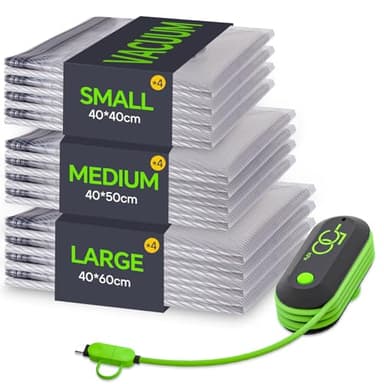 Vacbird Sacchetti Sottovuoto Vestiti Viaggio con Pompa USB, Set di 12 Buste Sottovuoto Vestiti Riutilizzabili, Durata Sacchetti Sottovuoto da Viaggio - Essenziali per Viaggio Salvaspazio