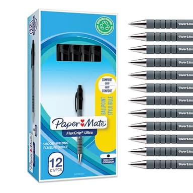 Paper Mate Flexgrip Ultra penna a sfera a scatto | punta media (1 mm) | nero | Materiale scolastico | confezione da 12